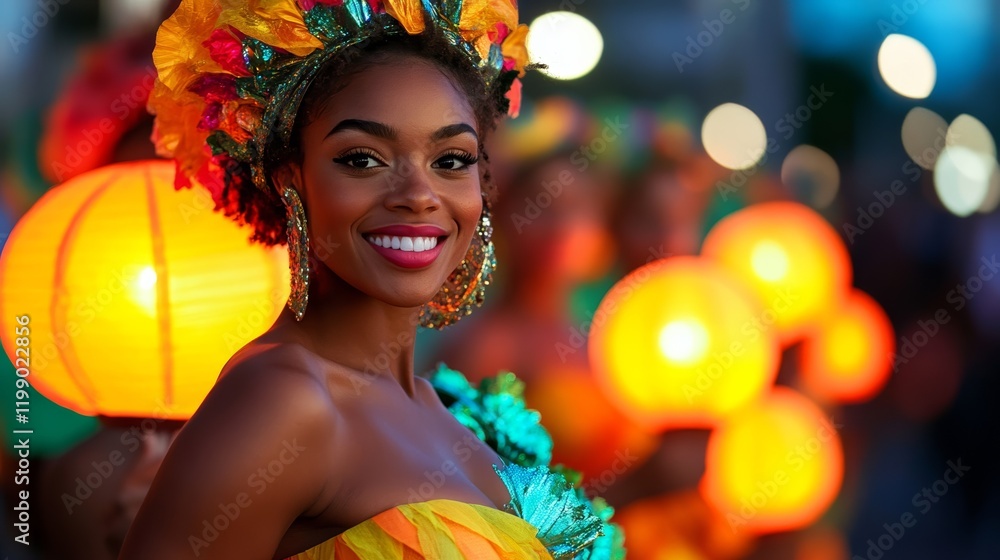 A procession of performers in dazzling outfits carrying glowing lanterns lighting up the streets during a nighttime carnival season parade A procession of performers in dazzling outfits carrying glowing lanterns lighting up the streets during a nighttime carnival season parade