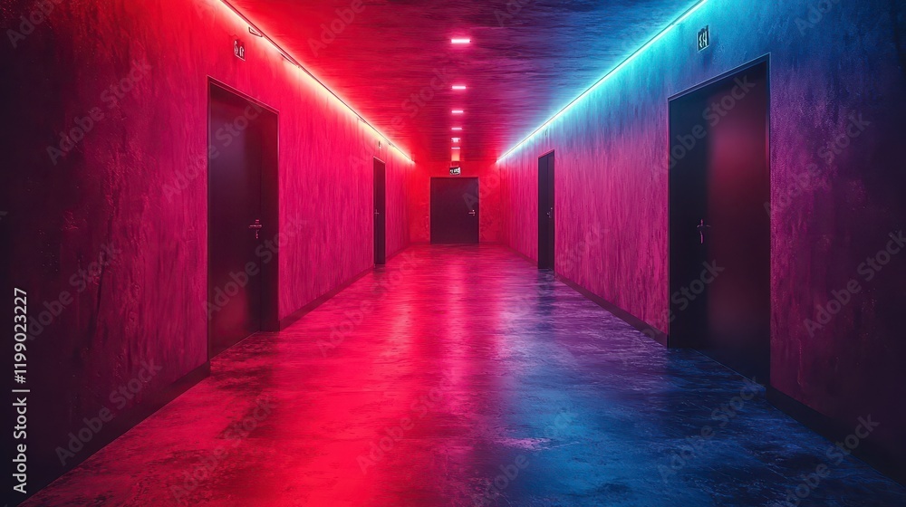 Neon-lit corridor with doors and textured walls. Neon-lit corridor with doors and textured walls.
