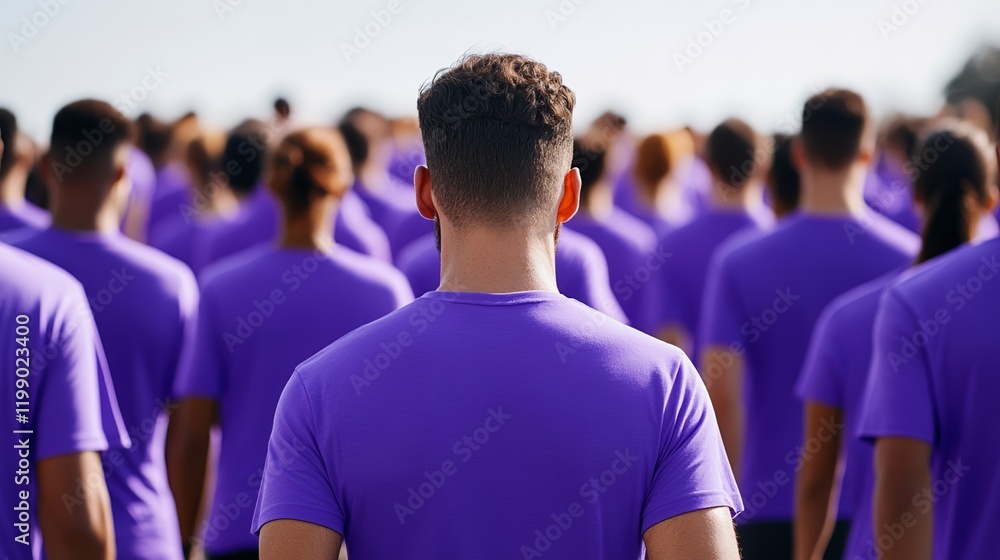 A crowd walking together in a World Cancer Day awareness walkathon all wearing purple shirts and holding banners with motivational messages A crowd walking together in a World Cancer Day awareness walkathon all wearing purple shirts and holding banners with motivational messages