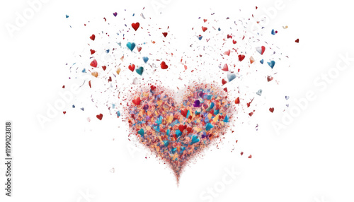 Flashes of heart-shaped fireworks fill the sky while heart-shaped confetti swirls in the air, creating a lively, colorful celebration of love and joy, on a white transparent background PNG