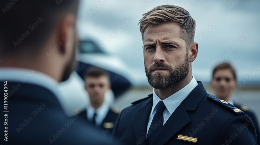 A somber airline crew gathered near the airplane door discussing a safety issue on the tarmac under overcast skies capturing post incident debriefing A somber airline crew gathered near the airplane door discussing a safety issue on the tarmac under overcast skies capturing post incident debriefing