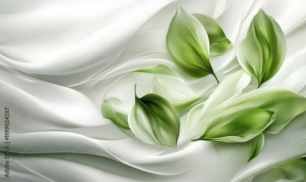 Fototapeta premium Abstract Green Petals on Swirling White Surface