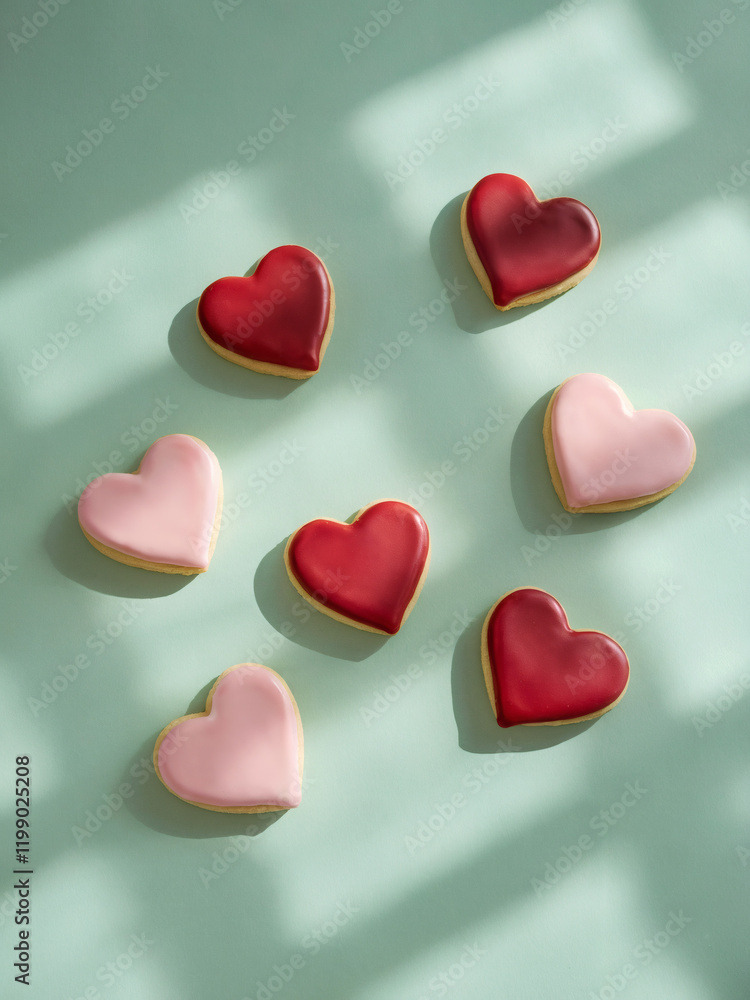 Obraz premium Icing cookies: A minimalist and serene photo of red and pink heart-shaped icing cookies on a mint green background