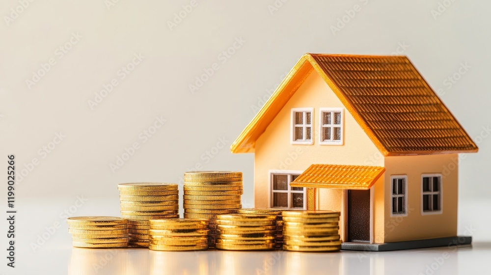 Miniature House with Gold Coins, Real Estate Concept, Financial Growth, Property Investment