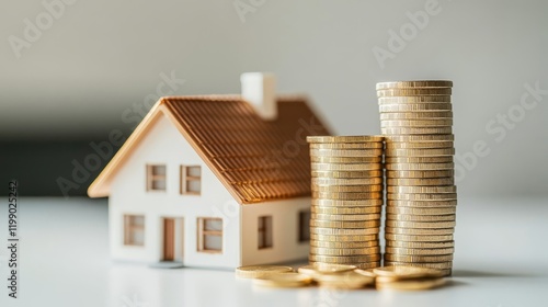 Mini House Model Stacks of Coins Real Estate Investment Financial Growth Money Savings