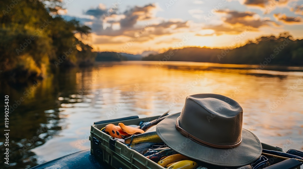 Obraz premium Fishing Gear at Sunset River Scene