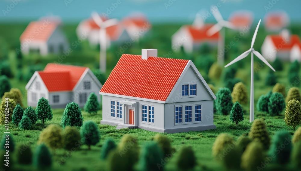 Creative strategies for carbon footprint reduction and offset. Miniature houses with red roofs surrounded by trees and wind turbines, representing sustainable living and eco-friendly energy sources. Creative strategies for carbon footprint reduction and offset. Miniature houses with red roofs surrounded by trees and wind turbines, representing sustainable living and eco-friendly energy sources.