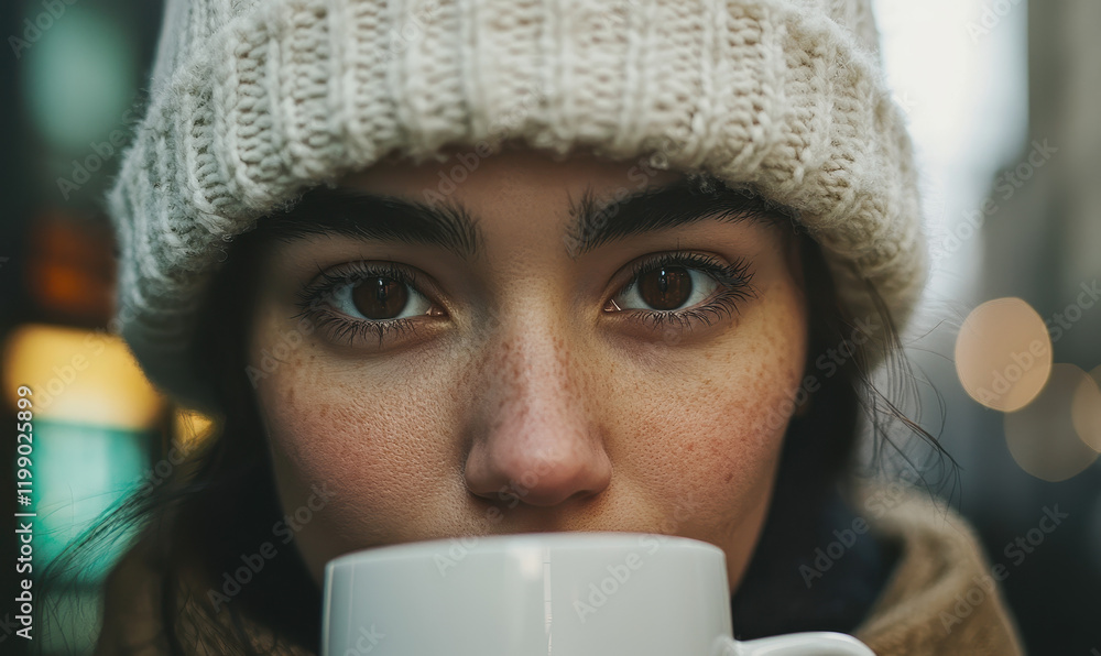 Embrace Winter's Warmth: A Serene Portrait Capturing the Comfort of a Cozy Beverage and Urban Style Embrace Winter's Warmth: A Serene Portrait Capturing the Comfort of a Cozy Beverage and Urban Style