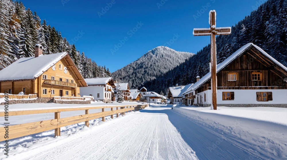 Fototapeta premium Alpine Village Winter Scene