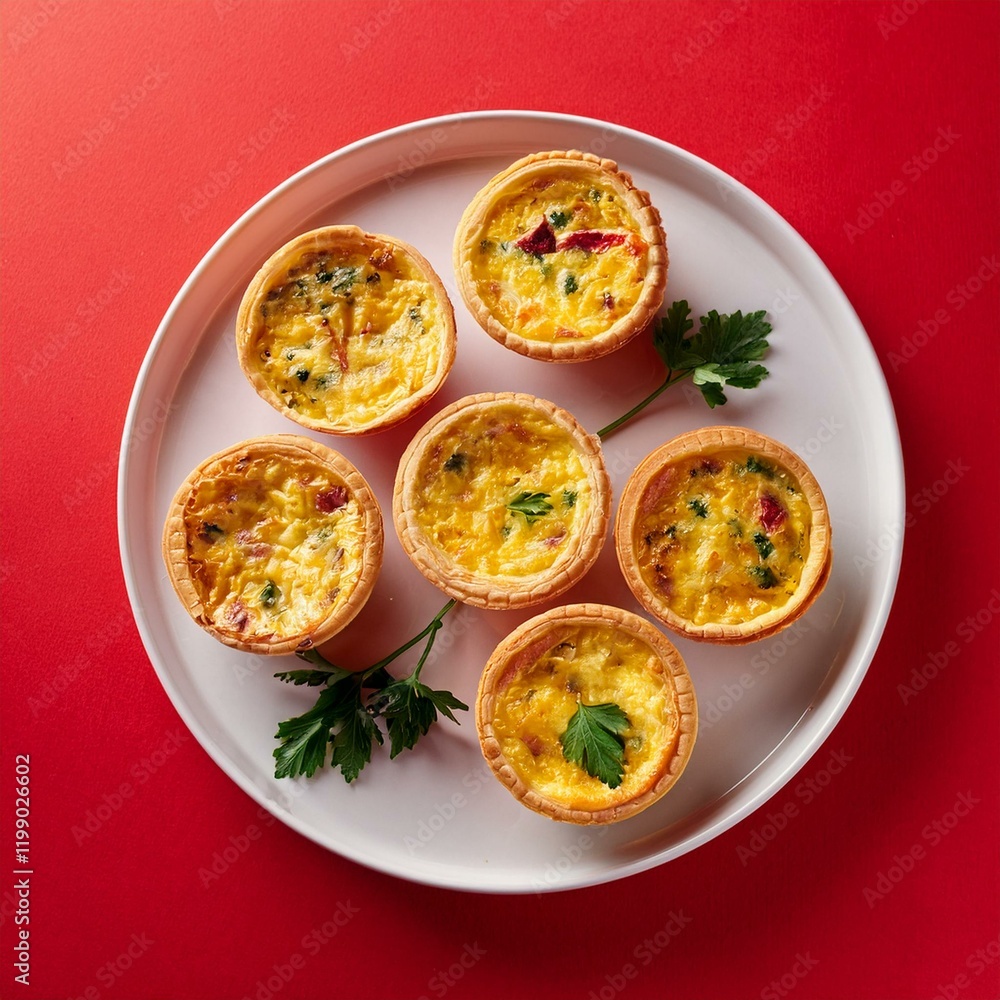 Freshly delicious mini quiches on red background Freshly delicious mini quiches on red background