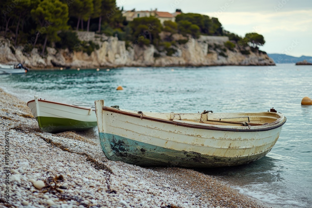 Two boats parked on a sandy beach, perfect for relaxation or storage Two boats parked on a sandy beach, perfect for relaxation or storage