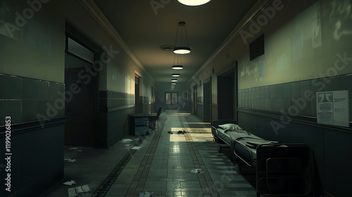 A desolate hospital hallway with empty patient beds and dim lighting, symbolizing financial struggle, closure, and the bleakness of a closed-down healthcare facility.