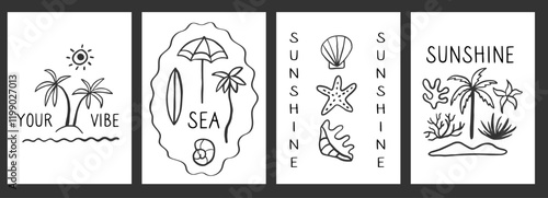 Minimalistic print with groovy abstract beach elements in doodle ink style.