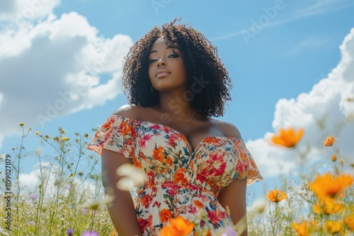 Confident woman in floral dress in a wildflower meadow