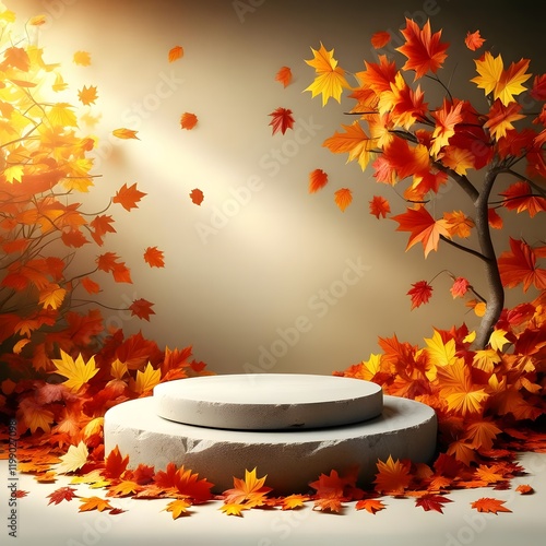 Autumnal Reflections Stone Podium Amidst Fall Leaves