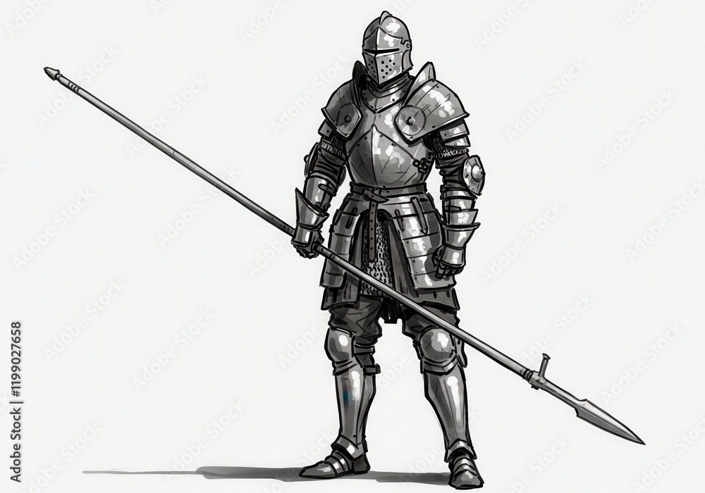 Medieval knight in armor holding a spear on a white background Medieval knight in armor holding a spear on a white background