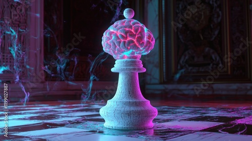 Illuminated white chess bishop with glowing brain.  Intricate, ornate interior setting.  Neon colors.  Abstract design.  Strategic, intellectual.  Brain power.  Thinking.  Decision.  Challenge.  Compe photo