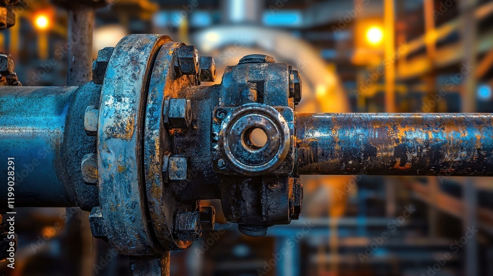 Close-up view of a metallic pipe valve with rust and corrosion in an industrial setting illuminated by warm lighting Close-up view of a metallic pipe valve with rust and corrosion in an industrial setting illuminated by warm lighting