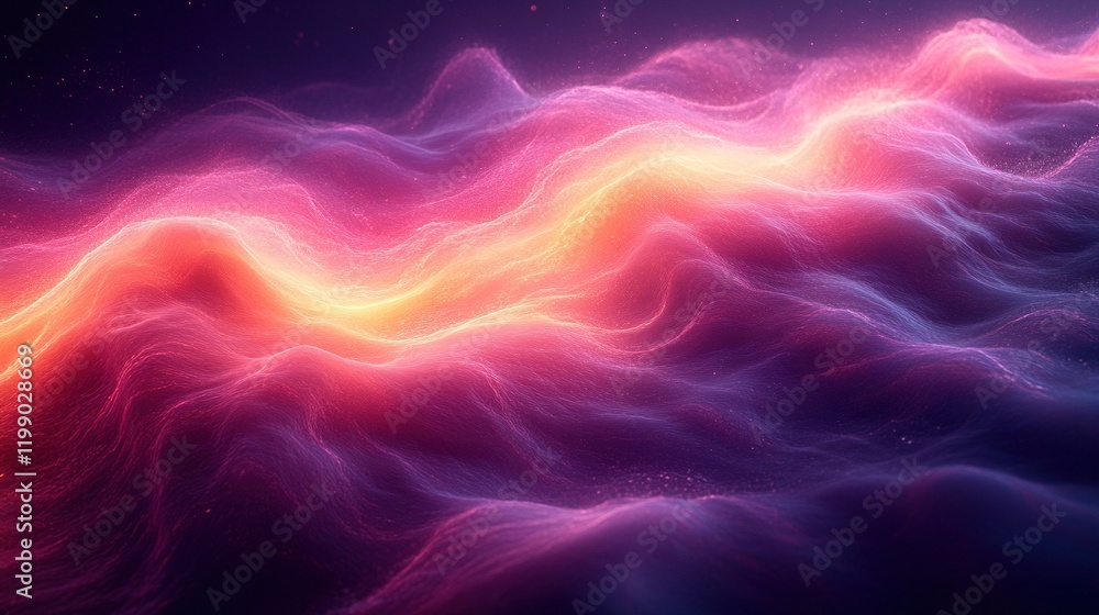 Fototapeta premium Glowing energy waves flow across dark space, particles drift