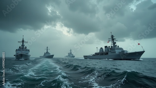 Four majestic navy ships sail in formation across an expansive, dark blue ocean under a clear sky. A proud Canadian flag flutters atop the leading vessel