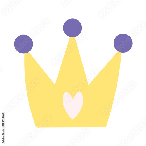 Cute golden princess crown with heart. Vector flat illustration