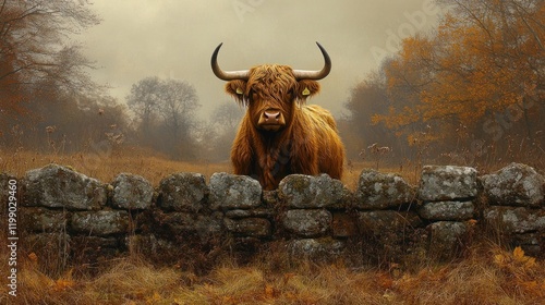 Highland cow standing majestically by a stone wall in a serene autumn landscape at dusk