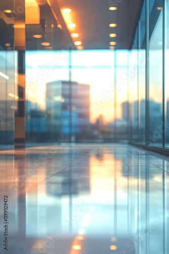 Blurred modern office interior with glass walls and light reflections on the floor, for background