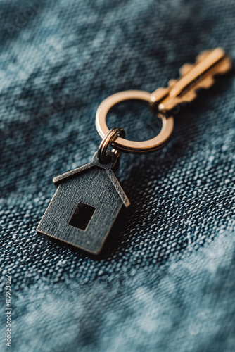 Wallpaper Mural Closeup of a House-Shaped Keychain on Denim Fabric: Symbolizing Home Ownership and Real Estate Opportunities Torontodigital.ca