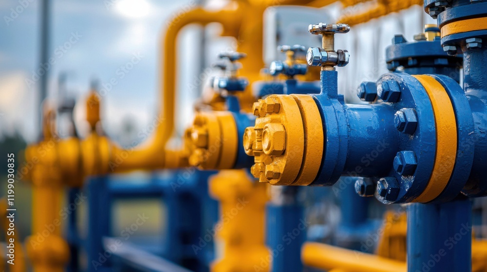 Close-up of yellow and blue industrial pipelines and valves at a gas facility against a cloudy backdrop with a focus on mechanical details Close-up of yellow and blue industrial pipelines and valves at a gas facility against a cloudy backdrop with a focus on mechanical details