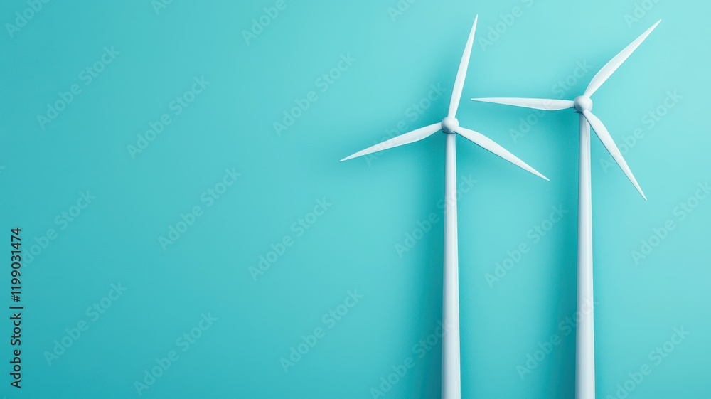 Fototapeta premium Creative strategies for carbon footprint reduction and offset. Two white wind turbines against a turquoise background, symbolizing renewable energy and sustainability.