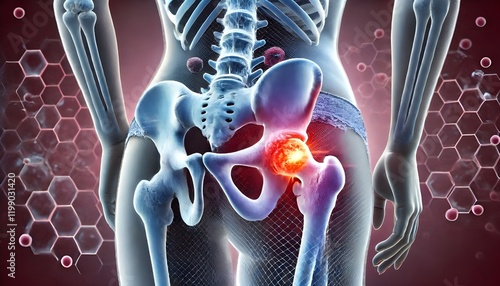 Hip bone cancer or tumor, one side pain. 3d illustration