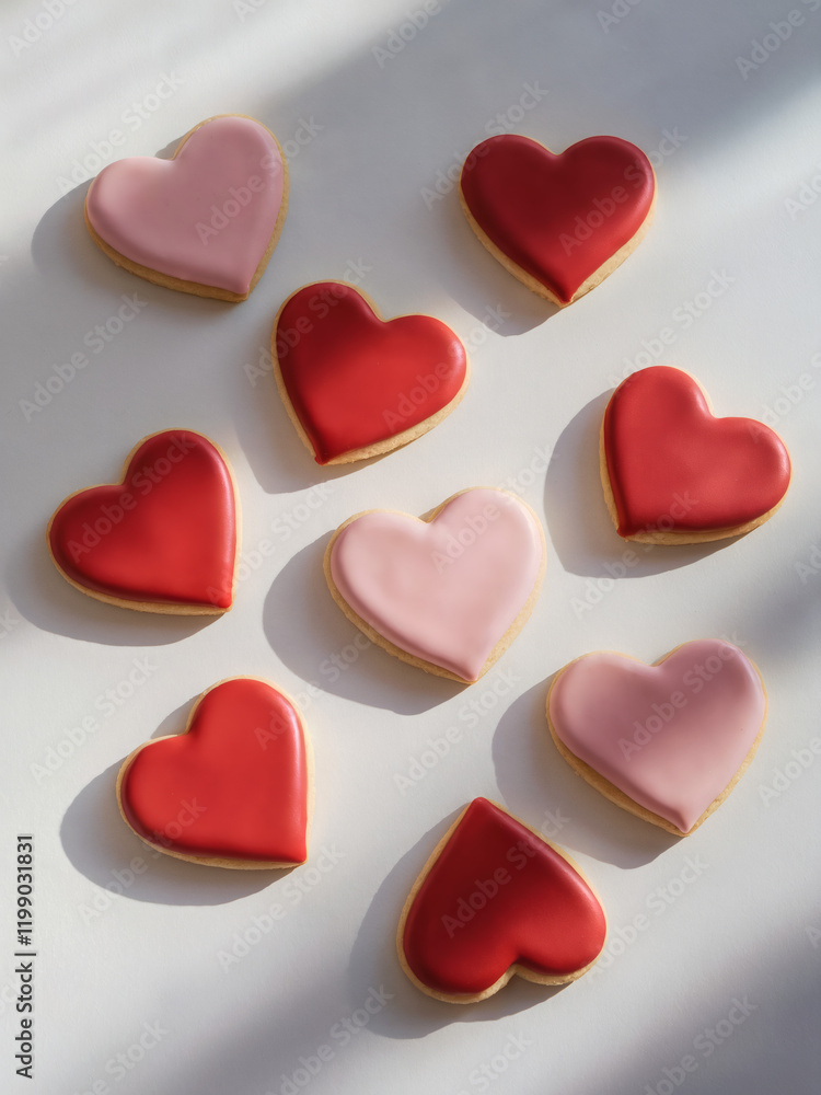 Obraz premium Icing cookies: A minimalist and serene photo of red and pink heart-shaped icing cookies on a white background