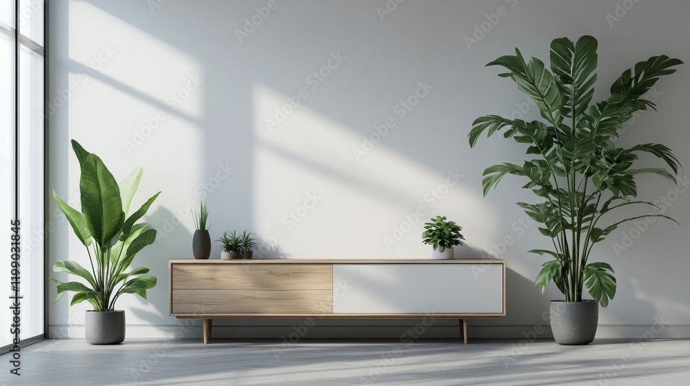 Wooden TV cabinet in modern living room design in beige color wall Wooden TV cabinet in modern living room design in beige color wall