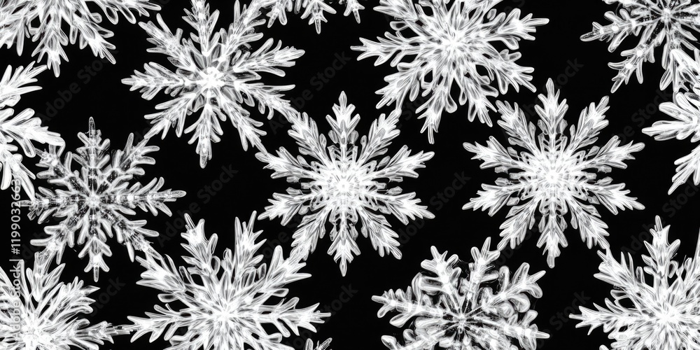 Close-up of intricate snowflake patterns in black and white Close-up of intricate snowflake patterns in black and white