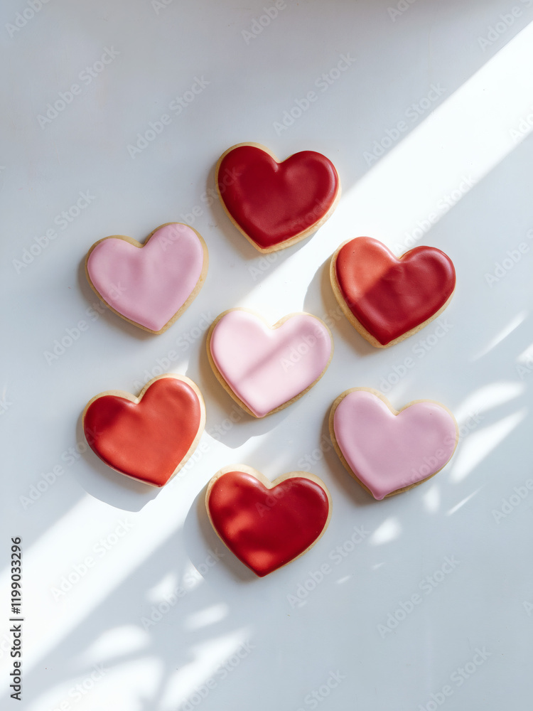 Icing cookies: A minimalist and serene photo of red and pink heart-shaped icing cookies on a white background Icing cookies: A minimalist and serene photo of red and pink heart-shaped icing cookies on a white background