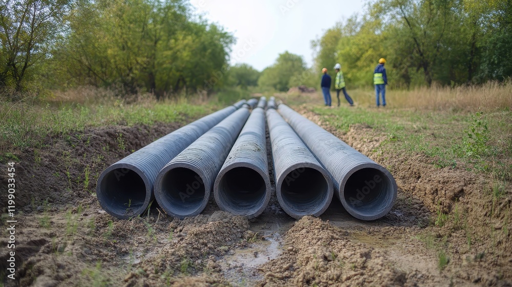 Large Corrugated Pipes Laid for Construction Project Large Corrugated Pipes Laid for Construction Project