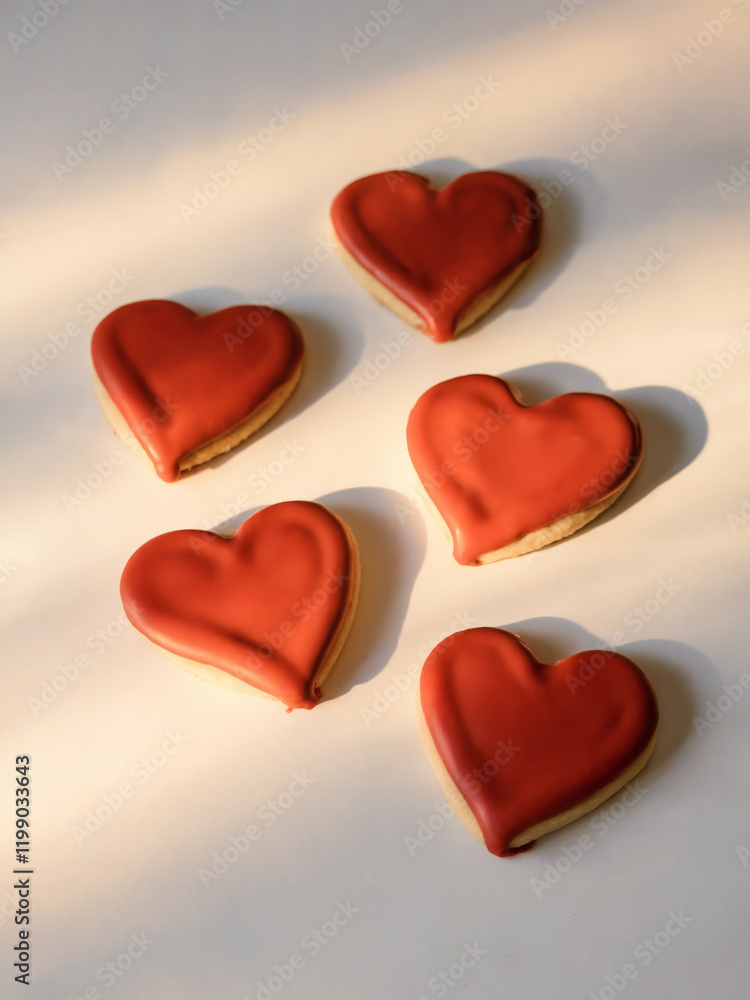 Valentine's day icing cookies: A minimalist and serene photo of red heart-shaped icing cookies on a white background Valentine's day icing cookies: A minimalist and serene photo of red heart-shaped icing cookies on a white background