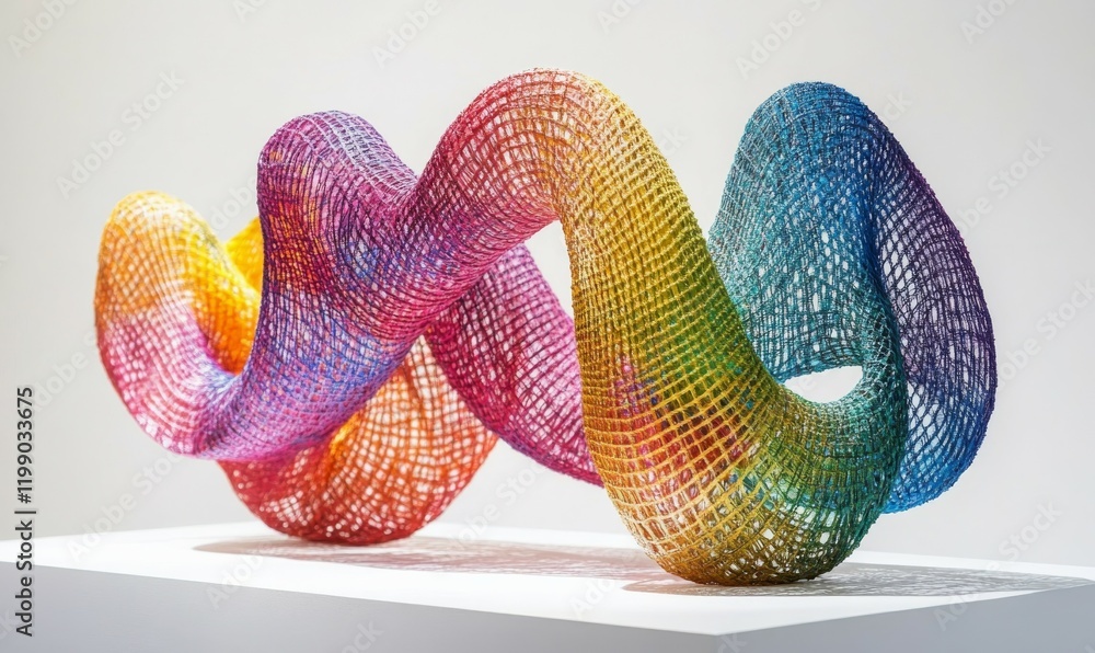 Abstract Rainbow Colored Woven Sculpture on a White Platform Abstract Rainbow Colored Woven Sculpture on a White Platform