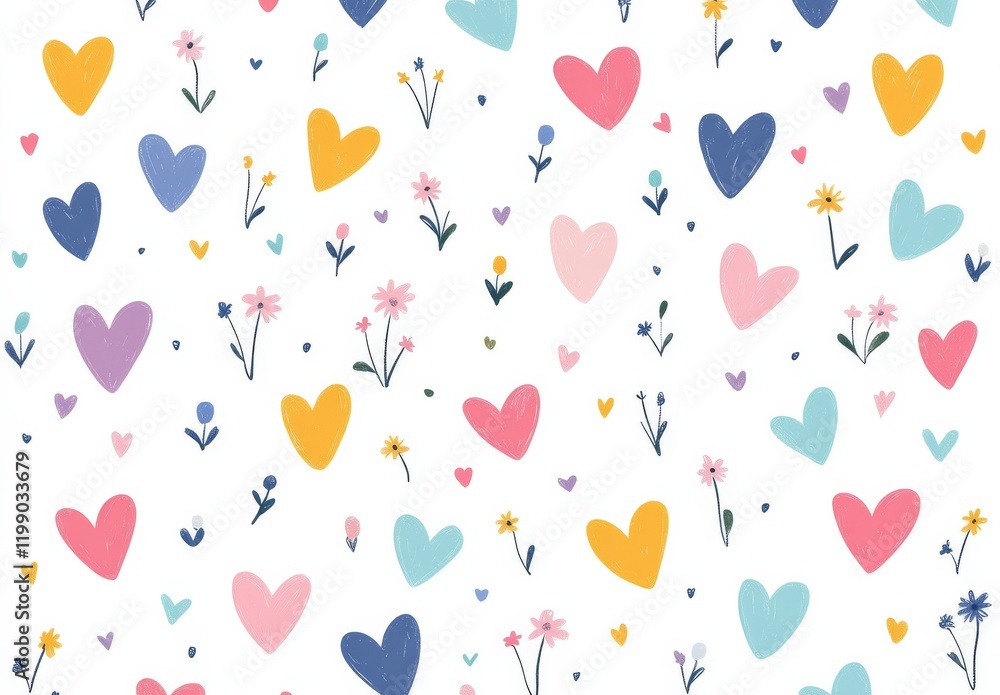 A seamless pattern of colorful hearts with black outlines on white background A seamless pattern of colorful hearts with black outlines on white background