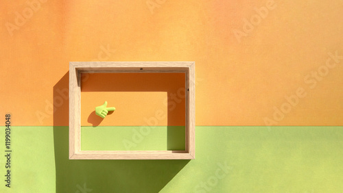 banner design with a wooden frame on an orange and green background