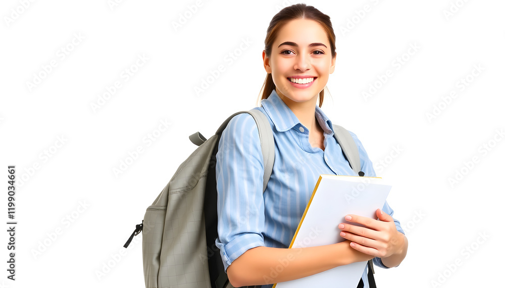 Smiling female student with backpack and holding a book, isolated white background Smiling female student with backpack and holding a book, isolated white background