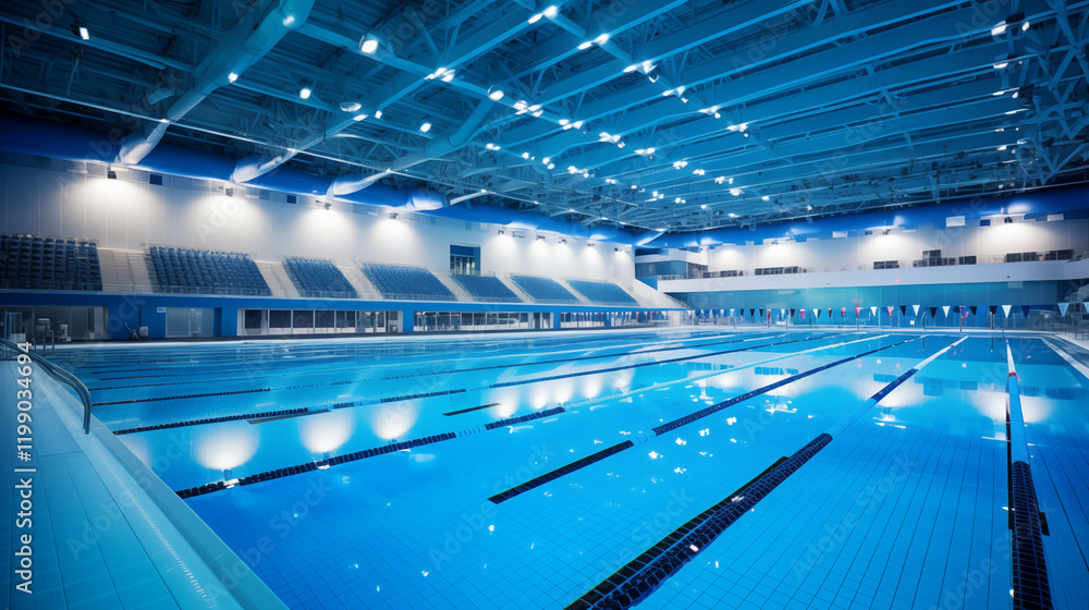 Naklejka premium A wide-angle view of a bright and modern indoor swimming pool with a blue and white color scheme, featuring high ceilings, flags, and large windows for natural light.