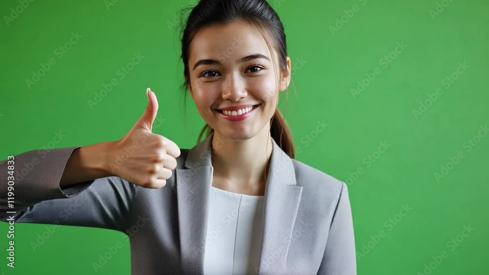 Thumbs Up, Green Screen: A young businesswoman beams, giving a confident thumbs-up against a vibrant green screen. Ready for chroma keying or seamless integration into your projects. Thumbs Up, Green Screen: A young businesswoman beams, giving a confident thumbs-up against a vibrant green screen. Ready for chroma keying or seamless integration into your projects.