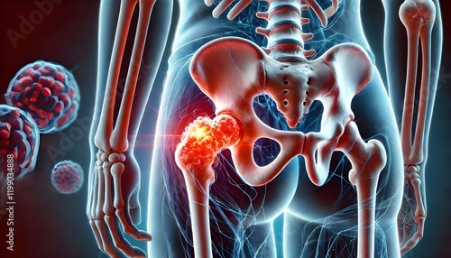 Hip bone cancer or tumor, one side pain. 3d illustration