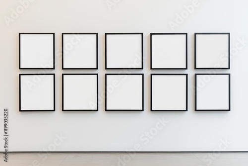 Art gallery wall with black frames and ample spacing.