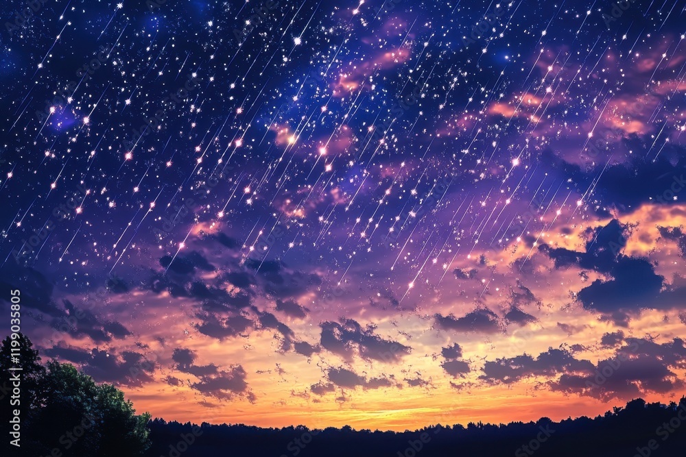 Night sky filled with stars and colorful clouds above a tranquil landscape Night sky filled with stars and colorful clouds above a tranquil landscape