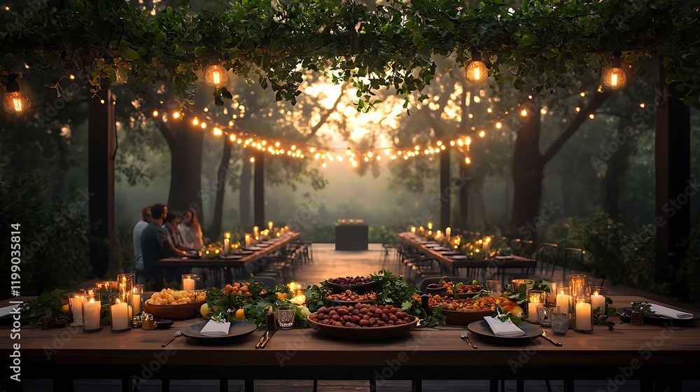 Elegant outdoor dining setup at sunset with illuminated tables and lush greenery backdrop Elegant outdoor dining setup at sunset with illuminated tables and lush greenery backdrop