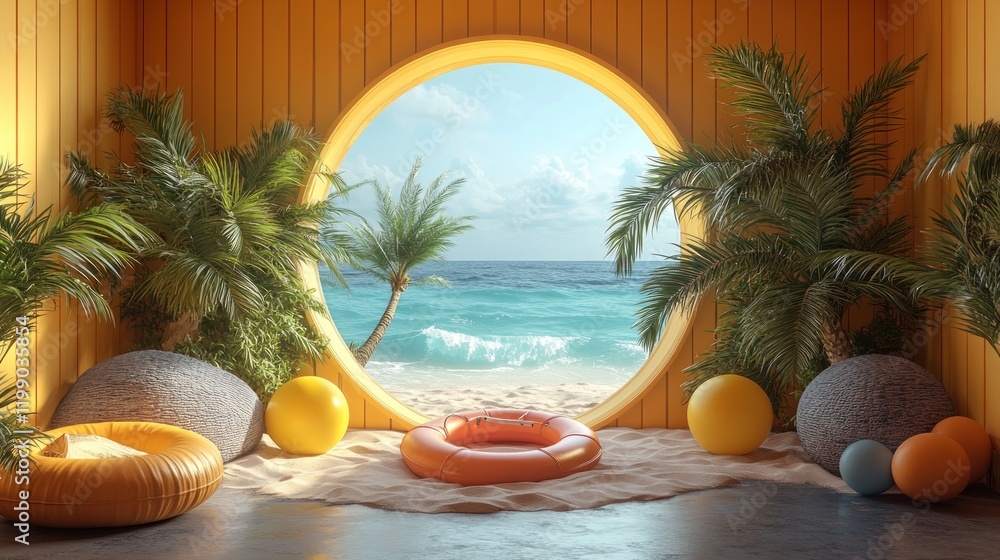 Obraz premium Tropical Beach Scene Through a Round Window