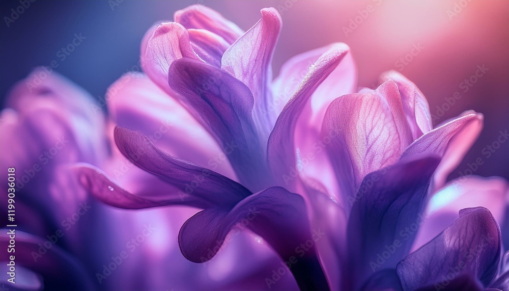 The fine texture of a blooming hyacinth petal, with its rich purple hues glowing softly in the light, emphasizing the delicate folds and vibrant color as it unfurls in full bloom. The fine texture of a blooming hyacinth petal, with its rich purple hues glowing softly in the light, emphasizing the delicate folds and vibrant color as it unfurls in full bloom.