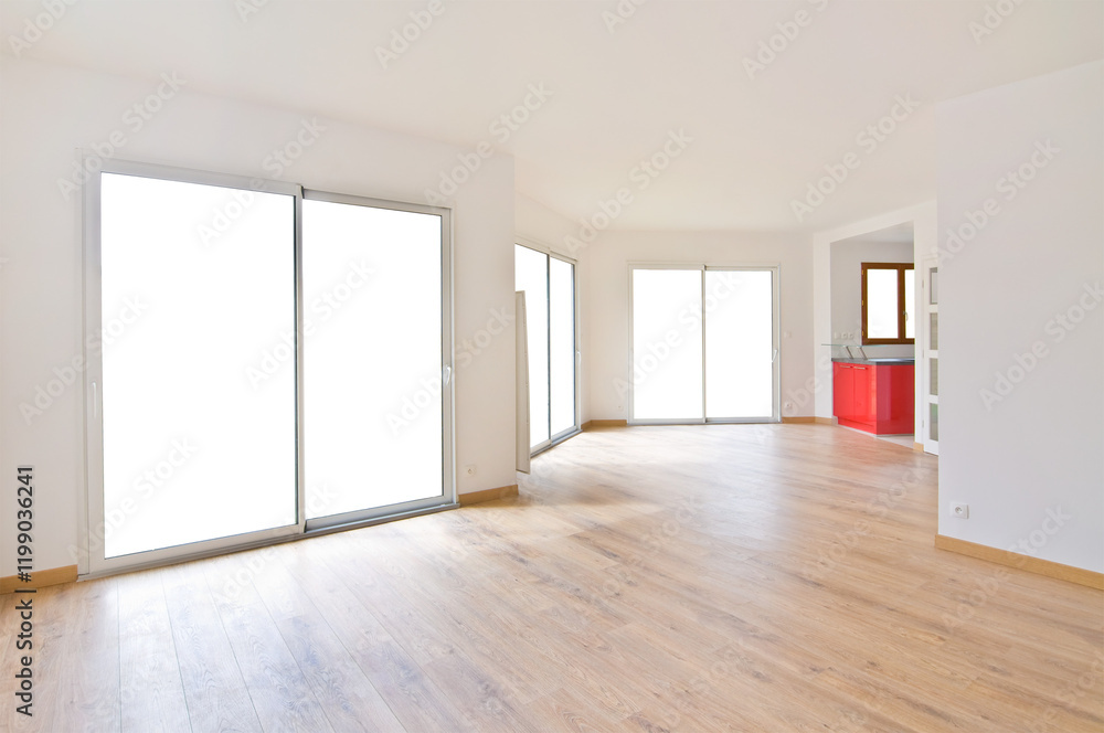 Interior of an empty new modern house or appartment, home with large bay sliding windows, view isolated on transparent background, png file Interior of an empty new modern house or appartment, home with large bay sliding windows, view isolated on transparent background, png file